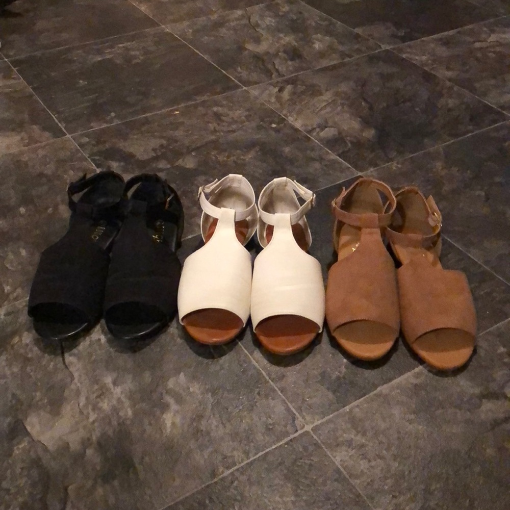 Black, white, and caramel sandals